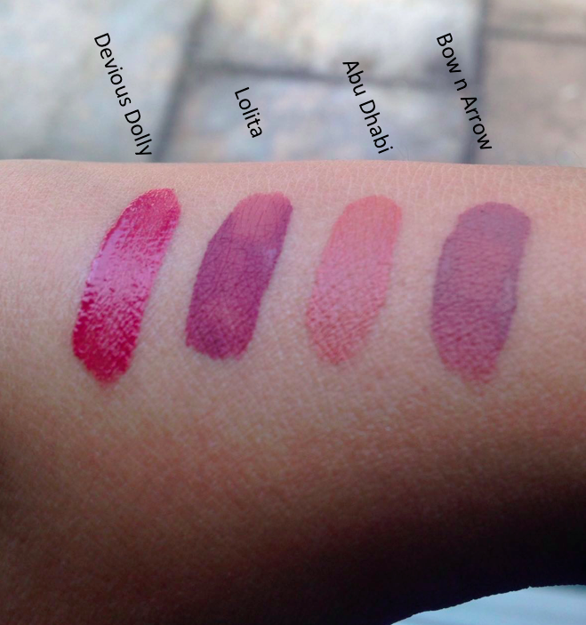 Liquid Lipstick Swatches: Devious Dolly, Lolita, Abu Dhabi, Bow n Arrow